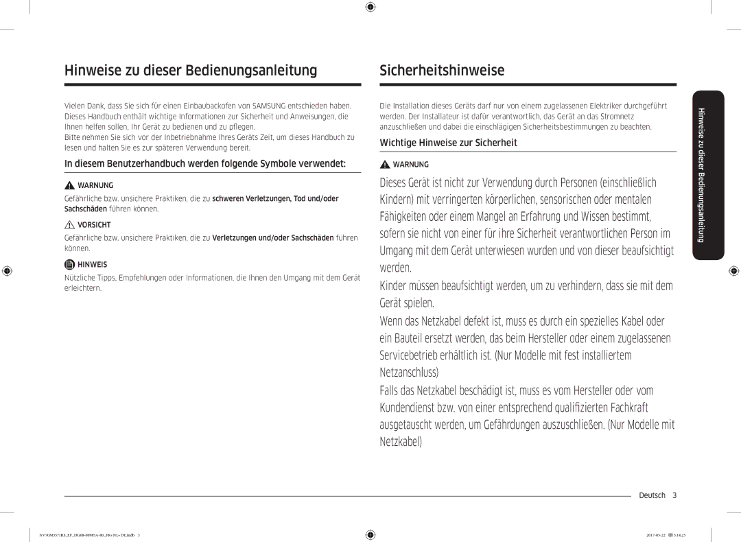 Samsung NV70M3571RS/EF manual Sicherheitshinweise, Hinweise zu dieser Bedienungsanleitung, Wichtige Hinweise zur Sicherheit 